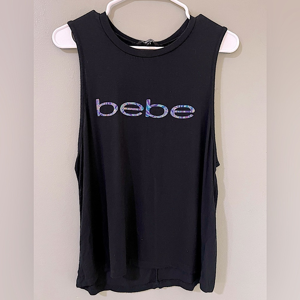 BEBE bebe Sport  Black Tank Shirt Iridescent Logo Women's medium Beach